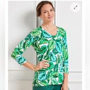 Talbots Isle Fronds V-neck Print Cotton Sweater 3/4 Sleeve Green Tropical 3X